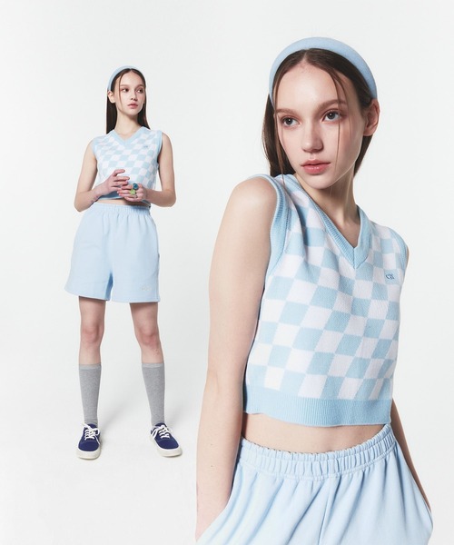 CHUCK(チャック)の「CHUCK/CHECK CROPニットVEST 2280030(ベスト・レディース・ライトブルー・FREE)」の2枚目の写真