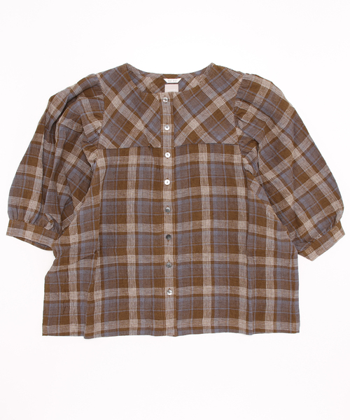 TSUHARU by Samansa Mos2（ツハルバイサマンサモスモス）の「チェックバルーンスリーブブラウス（シャツ/ブラウス・レディース・ネイビー/ブラウン/ピンク・ﾌﾘ-）」の2枚目の写真