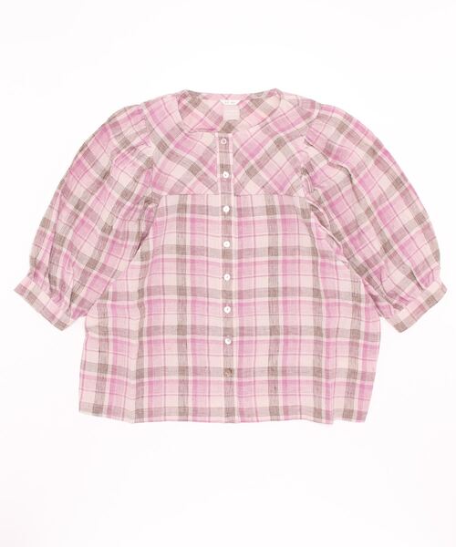 TSUHARU by Samansa Mos2（ツハルバイサマンサモスモス）の「チェックバルーンスリーブブラウス（シャツ/ブラウス・レディース・ネイビー/ブラウン/ピンク・ﾌﾘ-）」の3枚目の写真