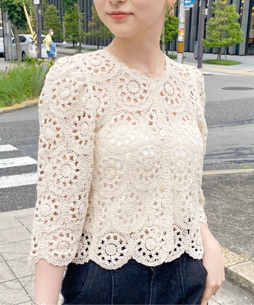 CPCM(シーピーシーエム)の「クロシェ編みパワショルニット(ニット/セーター・レディース・ブラック/グリーン/アイボリー・FREE)」の5枚目の写真