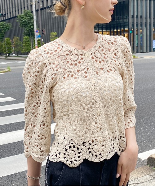 CPCM(シーピーシーエム)の「クロシェ編みパワショルニット(ニット/セーター・レディース・ブラック/グリーン/アイボリー・FREE)」の7枚目の写真