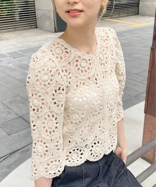 CPCM(シーピーシーエム)の「クロシェ編みパワショルニット(ニット/セーター・レディース・ブラック/グリーン/アイボリー・FREE)」の9枚目の写真