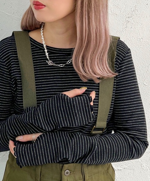 apres jour mignon（アプレジュールミニョン）の「ボーダークルーネックT【ZOZOTOWN限定アイテム】（Tシャツ/カットソー・レディース・ブラック/アイボリー/ピンク/オフホワイト/グリーン・X-LARGE/フリー）」の3枚目の写真