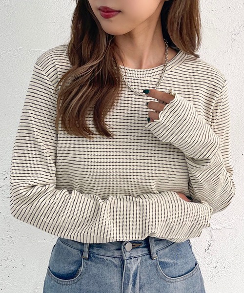 apres jour mignon（アプレジュールミニョン）の「ボーダークルーネックT【ZOZOTOWN限定アイテム】（Tシャツ/カットソー・レディース・ブラック/アイボリー/ピンク/オフホワイト/グリーン・X-LARGE/フリー）」の13枚目の写真