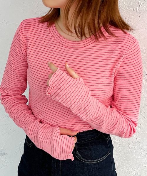 apres jour mignon（アプレジュールミニョン）の「ボーダークルーネックT【ZOZOTOWN限定アイテム】（Tシャツ/カットソー・レディース・ブラック/アイボリー/ピンク/オフホワイト/グリーン・X-LARGE/フリー）」の8枚目の写真