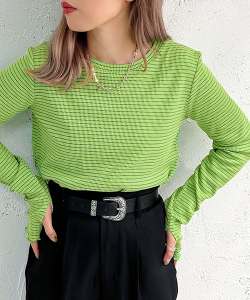 apres jour mignon（アプレジュールミニョン）の「ボーダークルーネックT【ZOZOTOWN限定アイテム】（Tシャツ/カットソー・レディース・ブラック/アイボリー/ピンク/オフホワイト/グリーン・X-LARGE/フリー）」の7枚目の写真