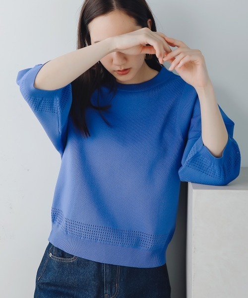FURRY(ファーリー)の「超軽量ニットメッシュ切替トップス(Tシャツ/カットソー・レディース・イエロー/オレンジ/ブルー/アイボリー・FREE)」の2枚目の写真