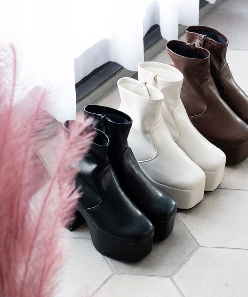 12cm盛れるショートブーツ Newlyme ブーツ 12cm厚底ストレッチショートブーツ レディース