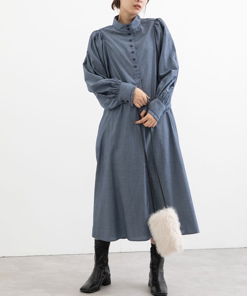 POU DOU DOU（プードゥドゥ）の「スタンドカラーシャツワンピース（ワンピース・レディース・ブルー/グリーン/インディゴブルー・3）」の3枚目の写真