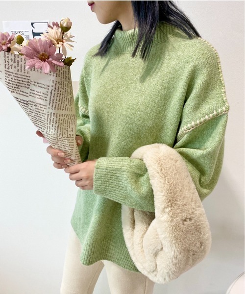 CECIL McBEE（セシルマクビー）の「配色ハンドステッチプルオーバー（ニット/セーター・レディース・ブラック/アイボリー/グリーン・MEDIUM）」の3枚目の写真