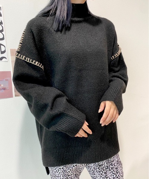 CECIL McBEE（セシルマクビー）の「配色ハンドステッチプルオーバー（ニット/セーター・レディース・ブラック/アイボリー/グリーン・MEDIUM）」の2枚目の写真