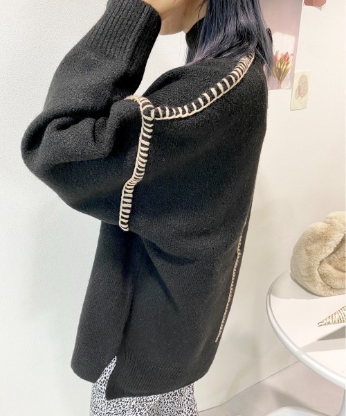 CECIL McBEE（セシルマクビー）の「配色ハンドステッチプルオーバー（ニット/セーター・レディース・ブラック/アイボリー/グリーン・MEDIUM）」の8枚目の写真