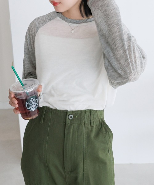andme(アンドミー)の「シアーオーバーサイズ配色ラグラン長袖トップス(Tシャツ/カットソー・レディース・グレー/アイボリー/ベージュ・FREE)」の3枚目の写真
