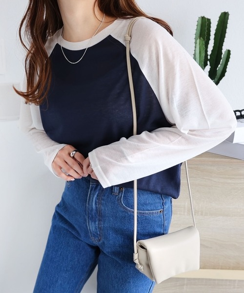 andme(アンドミー)の「シアーオーバーサイズ配色ラグラン長袖トップス(Tシャツ/カットソー・レディース・グレー/アイボリー/ベージュ・FREE)」の2枚目の写真