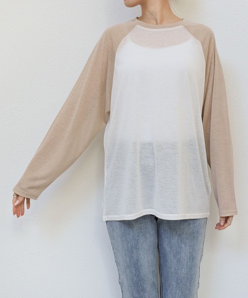 andme(アンドミー)の「シアーオーバーサイズ配色ラグラン長袖トップス(Tシャツ/カットソー・レディース・グレー/アイボリー/ベージュ・FREE)」の4枚目の写真