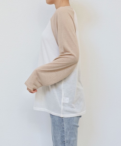 andme(アンドミー)の「シアーオーバーサイズ配色ラグラン長袖トップス(Tシャツ/カットソー・レディース・グレー/アイボリー/ベージュ・FREE)」の5枚目の写真