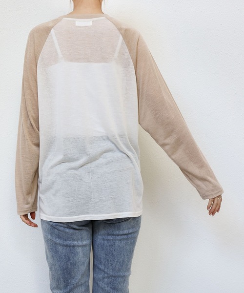 andme(アンドミー)の「シアーオーバーサイズ配色ラグラン長袖トップス(Tシャツ/カットソー・レディース・グレー/アイボリー/ベージュ・FREE)」の6枚目の写真