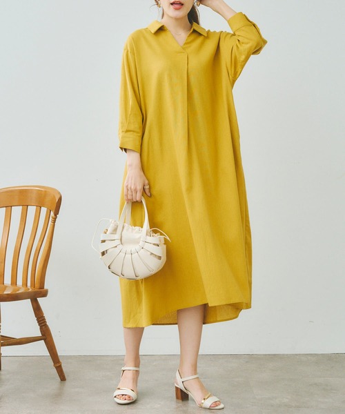 Chez toi(シェトワ)の「7分袖スキッパーシャツワンピース(シャツワンピース・レディース・オフホワイト/ブラック/イエロー/オレンジ・FREE)」の4枚目の写真