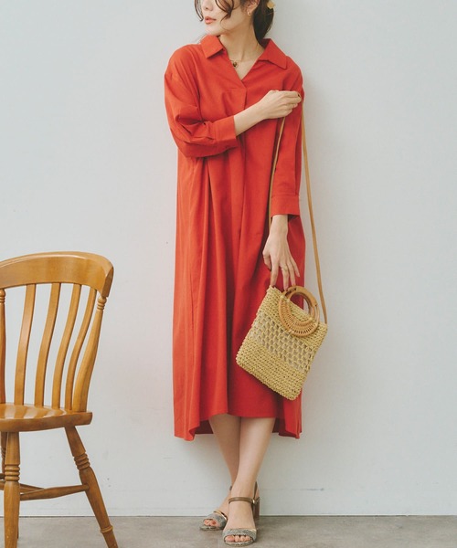 Chez toi(シェトワ)の「7分袖スキッパーシャツワンピース(シャツワンピース・レディース・オフホワイト/ブラック/イエロー/オレンジ・FREE)」の1枚目の写真