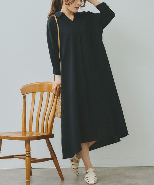 Chez toi(シェトワ)の「7分袖スキッパーシャツワンピース(シャツワンピース・レディース・オフホワイト/ブラック/イエロー/オレンジ・FREE)」の3枚目の写真