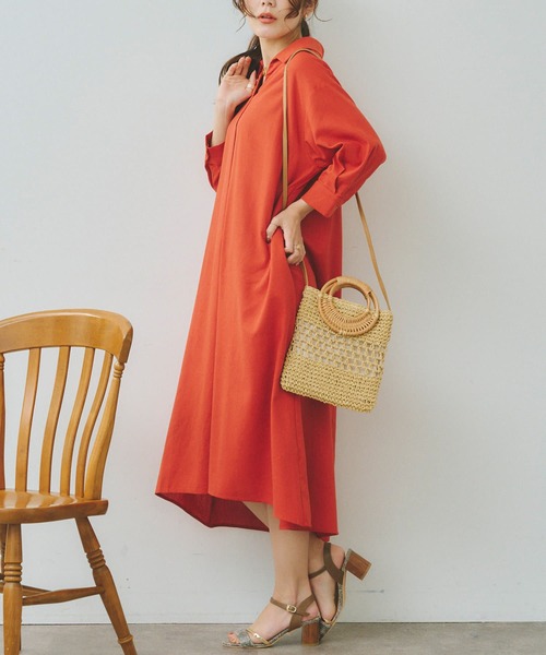 Chez toi(シェトワ)の「7分袖スキッパーシャツワンピース(シャツワンピース・レディース・オフホワイト/ブラック/イエロー/オレンジ・FREE)」の6枚目の写真