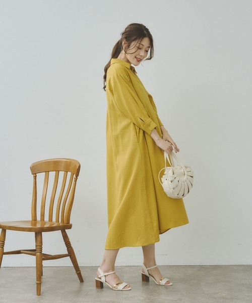 Chez toi(シェトワ)の「7分袖スキッパーシャツワンピース(シャツワンピース・レディース・オフホワイト/ブラック/イエロー/オレンジ・FREE)」の7枚目の写真