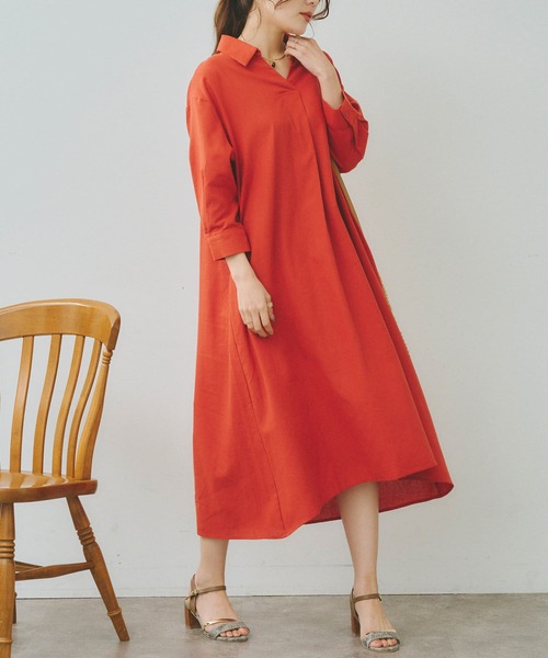 Chez toi(シェトワ)の「7分袖スキッパーシャツワンピース(シャツワンピース・レディース・オフホワイト/ブラック/イエロー/オレンジ・FREE)」の11枚目の写真