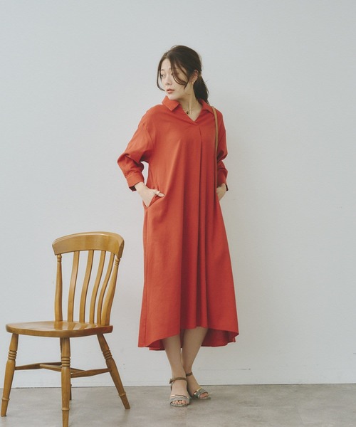 Chez toi(シェトワ)の「7分袖スキッパーシャツワンピース(シャツワンピース・レディース・オフホワイト/ブラック/イエロー/オレンジ・FREE)」の12枚目の写真