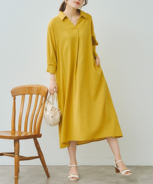 Chez toi(シェトワ)の「7分袖スキッパーシャツワンピース(シャツワンピース・レディース・オフホワイト/ブラック/イエロー/オレンジ・FREE)」の13枚目の写真