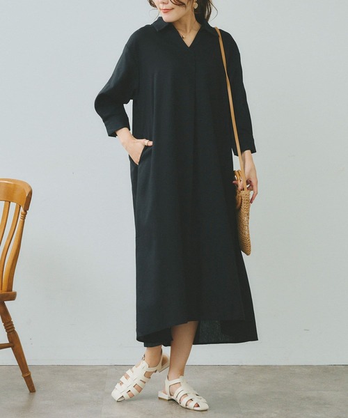 Chez toi(シェトワ)の「7分袖スキッパーシャツワンピース(シャツワンピース・レディース・オフホワイト/ブラック/イエロー/オレンジ・FREE)」の16枚目の写真