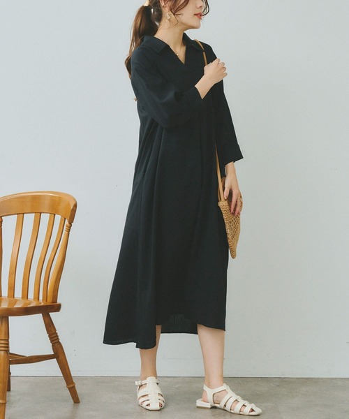 Chez toi(シェトワ)の「7分袖スキッパーシャツワンピース(シャツワンピース・レディース・オフホワイト/ブラック/イエロー/オレンジ・FREE)」の15枚目の写真