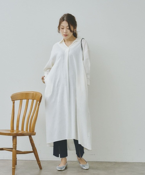 Chez toi(シェトワ)の「7分袖スキッパーシャツワンピース(シャツワンピース・レディース・オフホワイト/ブラック/イエロー/オレンジ・FREE)」の17枚目の写真