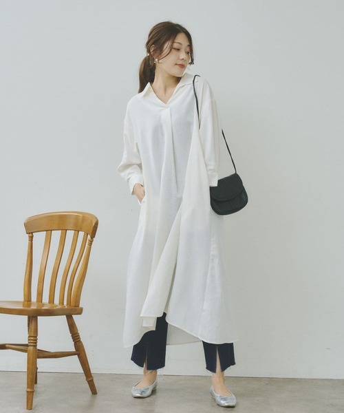 Chez toi(シェトワ)の「7分袖スキッパーシャツワンピース(シャツワンピース・レディース・オフホワイト/ブラック/イエロー/オレンジ・FREE)」の19枚目の写真