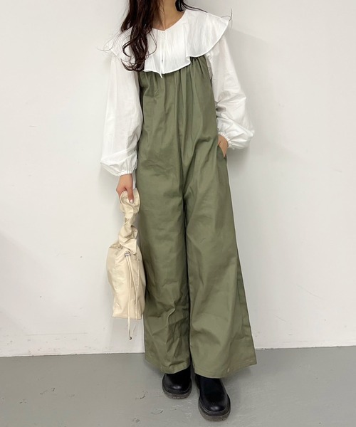 Birthday room（バースデイルーム）の「綿ツイルギャザーオールインワン（つなぎ/オールインワン・レディース・オリーブ/ブラック・FREE）」の3枚目の写真