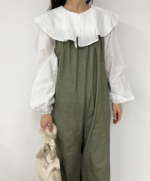 Birthday room（バースデイルーム）の「綿ツイルギャザーオールインワン（つなぎ/オールインワン・レディース・オリーブ/ブラック・FREE）」の7枚目の写真