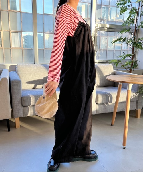 Birthday room（バースデイルーム）の「綿ツイルギャザーオールインワン（つなぎ/オールインワン・レディース・オリーブ/ブラック・FREE）」の9枚目の写真