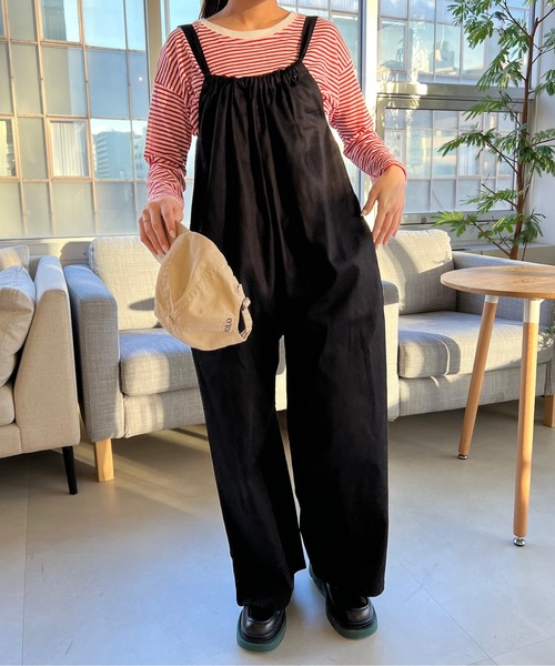 Birthday room（バースデイルーム）の「綿ツイルギャザーオールインワン（つなぎ/オールインワン・レディース・オリーブ/ブラック・FREE）」の8枚目の写真