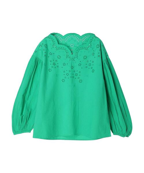 アンティークフランス アイレット花刺繍 スカラップリム リネンシャツ