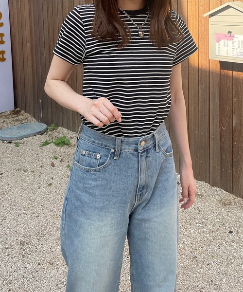 LE MORE（リモア）の「シンプルコンパクトボーダーTシャツ（Tシャツ/カットソー・レディース・オリーブ/ブラック/アイボリー・FREE）」の11枚目の写真