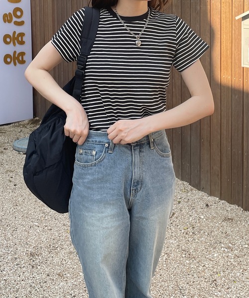 LE MORE（リモア）の「シンプルコンパクトボーダーTシャツ（Tシャツ/カットソー・レディース・オリーブ/ブラック/アイボリー・FREE）」の4枚目の写真