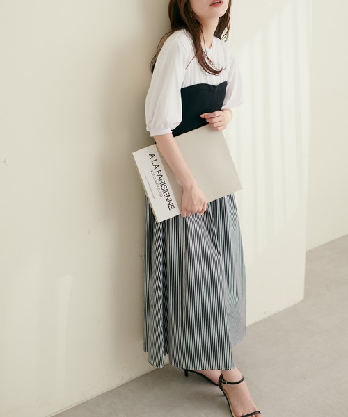 natural couture（ナチュラルクチュール）の「ニットカットコンビワンピース（ワンピース・レディース・ブラック/カーキ/モカ/ストライプ・FREE）」の4枚目の写真