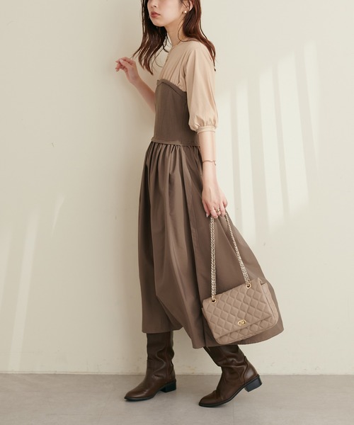 natural couture（ナチュラルクチュール）の「ニットカットコンビワンピース（ワンピース・レディース・ブラック/カーキ/モカ/ストライプ・FREE）」の2枚目の写真