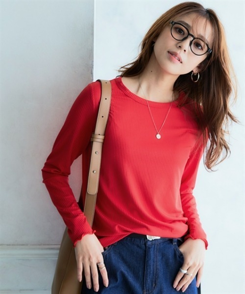 nissen（ニッセン）の「細リブクルーネックカットソートップス（Tシャツ/カットソー・レディース・コーラル/ブラウン系/ネイビー/ブラック/ホワイト×ブラック/サックスブルー/オフホワイト/ライトグレー/レッド/ネイビー×ホワイト・LL/L/S/M/3L）」の9枚目の写真