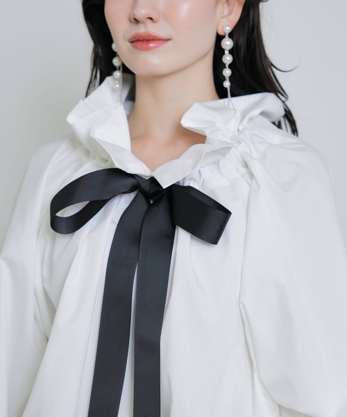 PICCIN（ピッチン）の「ビッグカラーグログランリボンブラウス（シャツ/ブラウス・レディース・ブラック/オフホワイト/ホワイト系その他/カーキ/サックスブルー/ベージュ・M）」の8枚目の写真