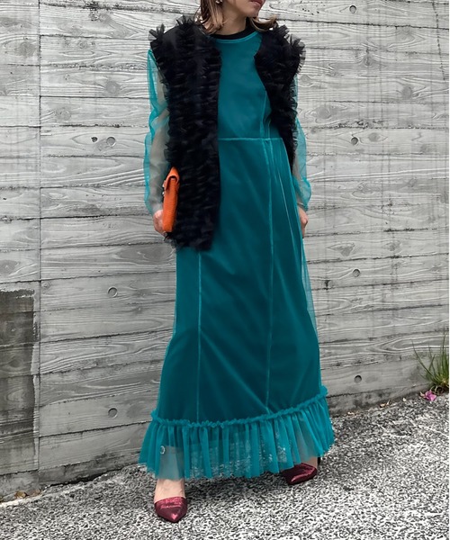 LASUD 柄レイヤードシアーワンピース ラシュッド LASUD 柄レイヤードシアーワンピース （ブラック