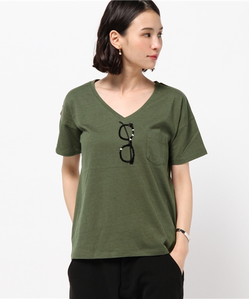 DISCOAT（ディスコート）の「【Discoat】スパンコールメガネT（Tシャツ/カットソー・レディース・オフホワイト/グレー/ネイビー/キャメル/カーキ・MEDIUM/LARGE）」の3枚目の写真