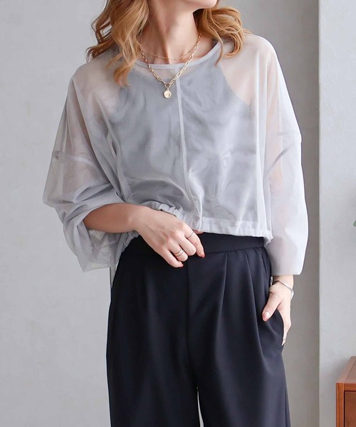 Social GIRL(ソーシャルガール)の「ショート丈チュールトップス(Tシャツ/カットソー・レディース・ブラック/アイボリー/パープル/ネイビー/グレー・M)」の3枚目の写真