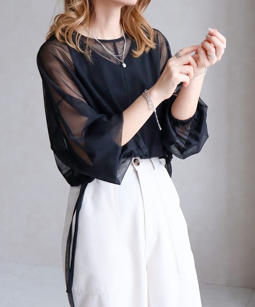 Social GIRL(ソーシャルガール)の「ショート丈チュールトップス(Tシャツ/カットソー・レディース・ブラック/アイボリー/パープル/ネイビー/グレー・M)」の2枚目の写真