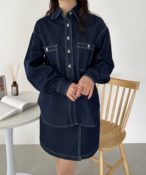 CLEA(クレア)の「デニムシャツ+スカートセットアップ(セットアップ・レディース・ブルー・M)」の15枚目の写真