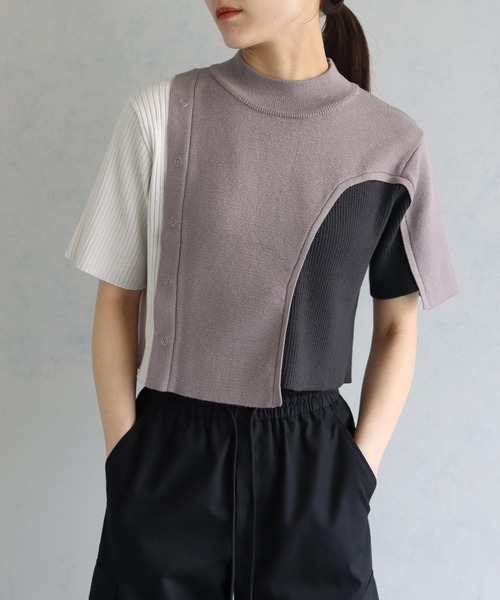 &g'aime（アンジェム）の「【&g’aime】アイレットボタンブロッキングニットトップス（ニット/セーター・レディース・パープル/ブラック/チャコールグレー・FREE）」の3枚目の写真